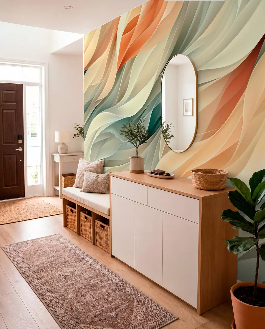 Fotobehang Betoverend abstract ontwerp met zachte pastelgolven in warme kleuren w01335v1