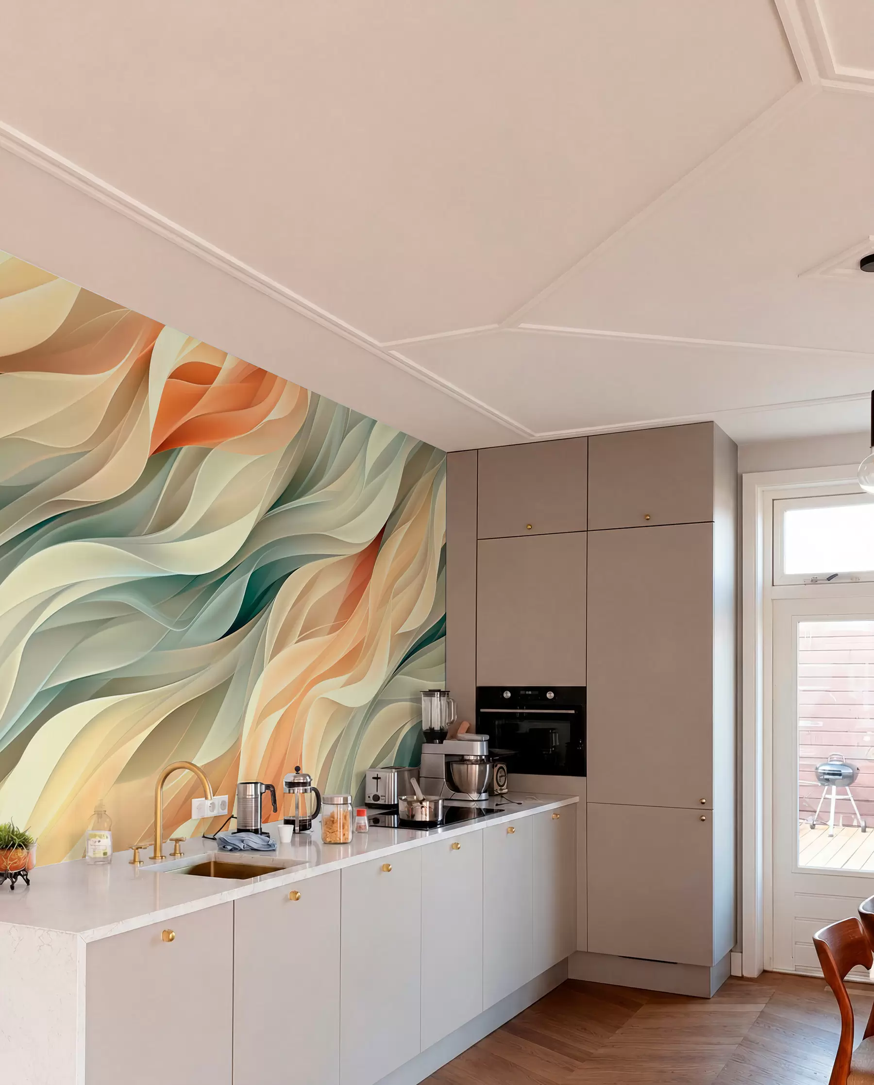 Fotobehang Betoverend abstract ontwerp met zachte pastelgolven in warme kleuren w01335v1