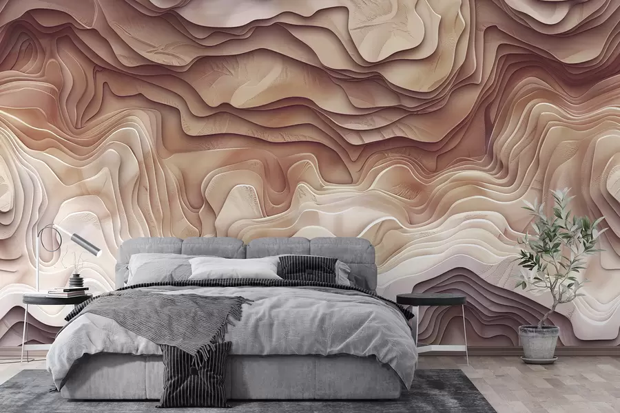 Fotobehang 3D topografische kaart met reliëfcontouren in lichtroze tinten w01337