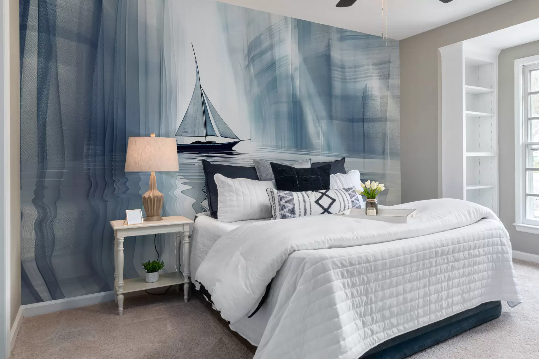Fotobehang Boot op het water in futuristische stijl met blauwe kleuren w01338