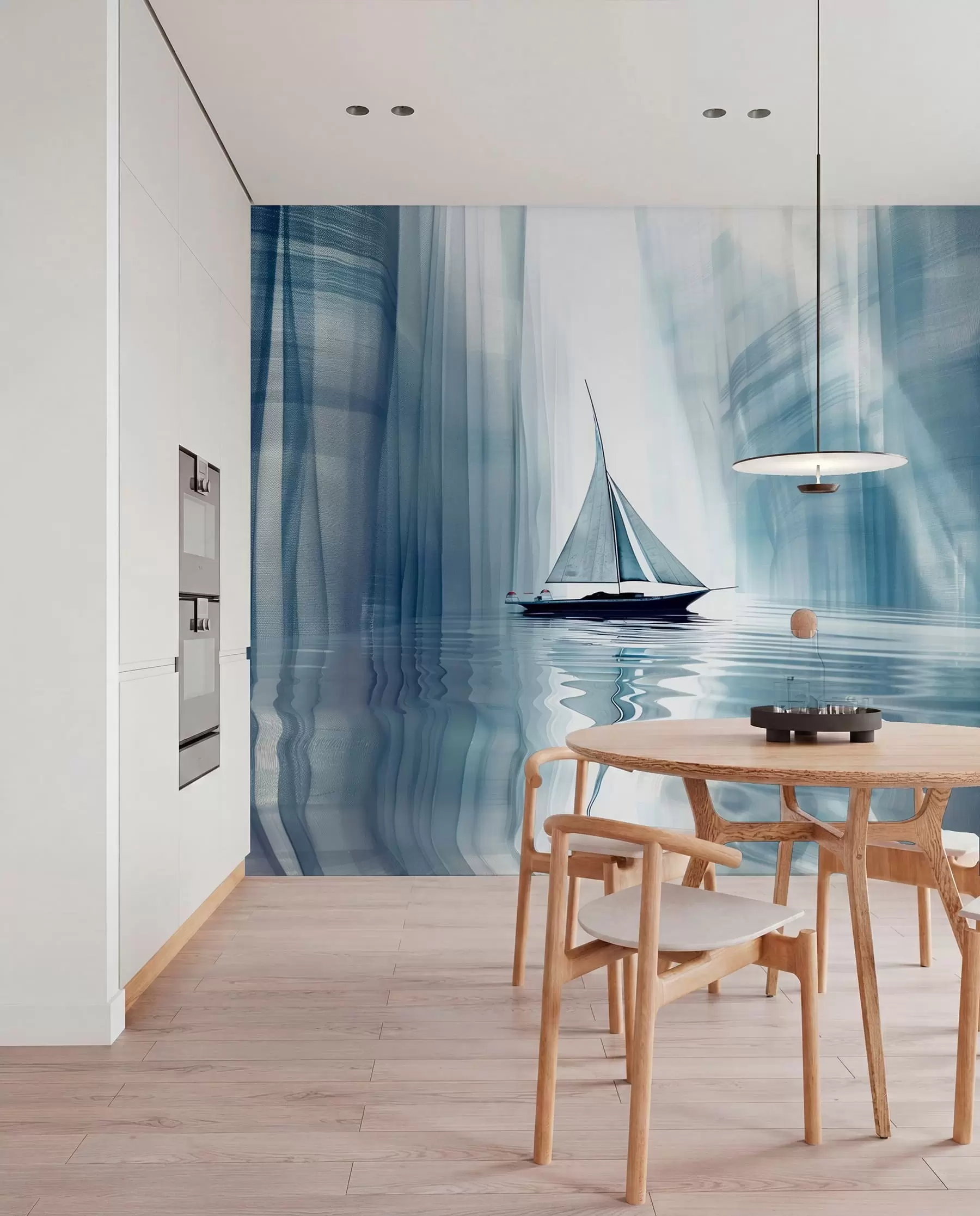 Fotobehang Boot op het water in futuristische stijl met blauwe kleuren w01338