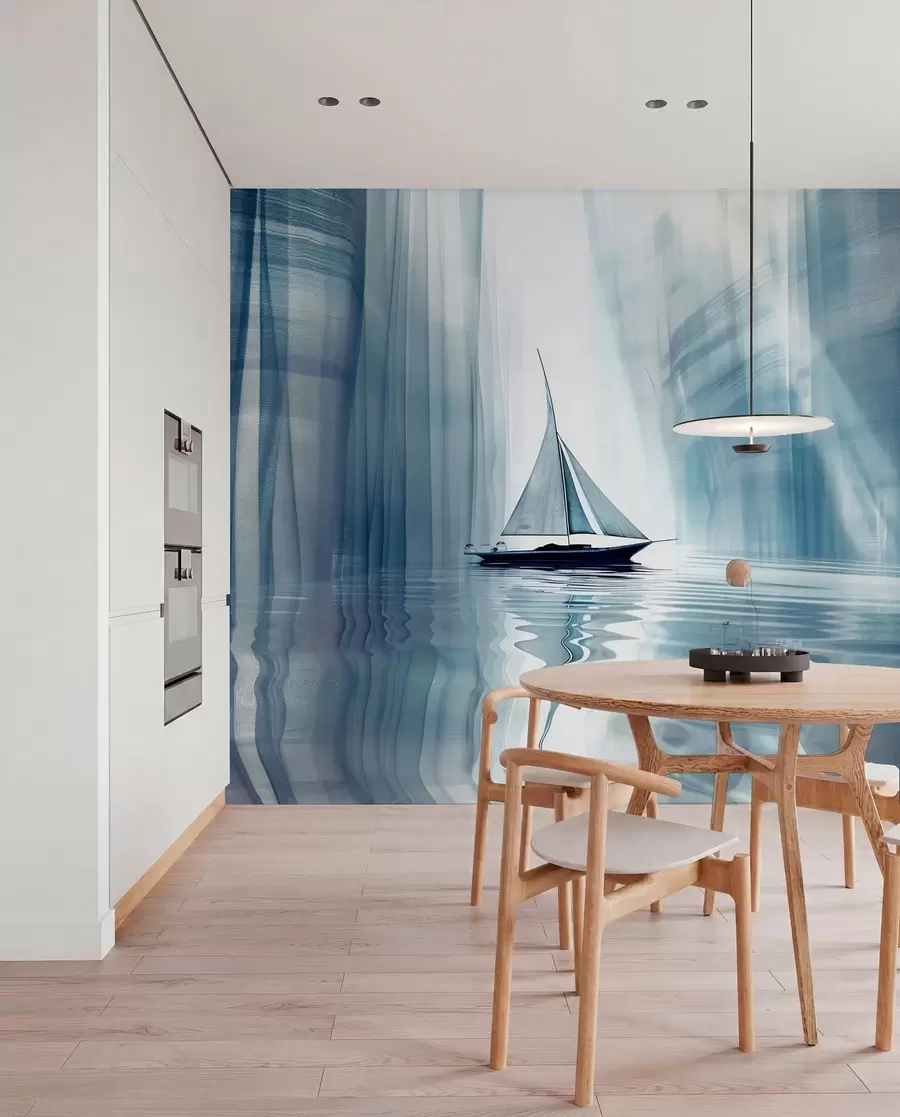 Fotobehang Boot op het water in futuristische stijl met blauwe kleuren w01338