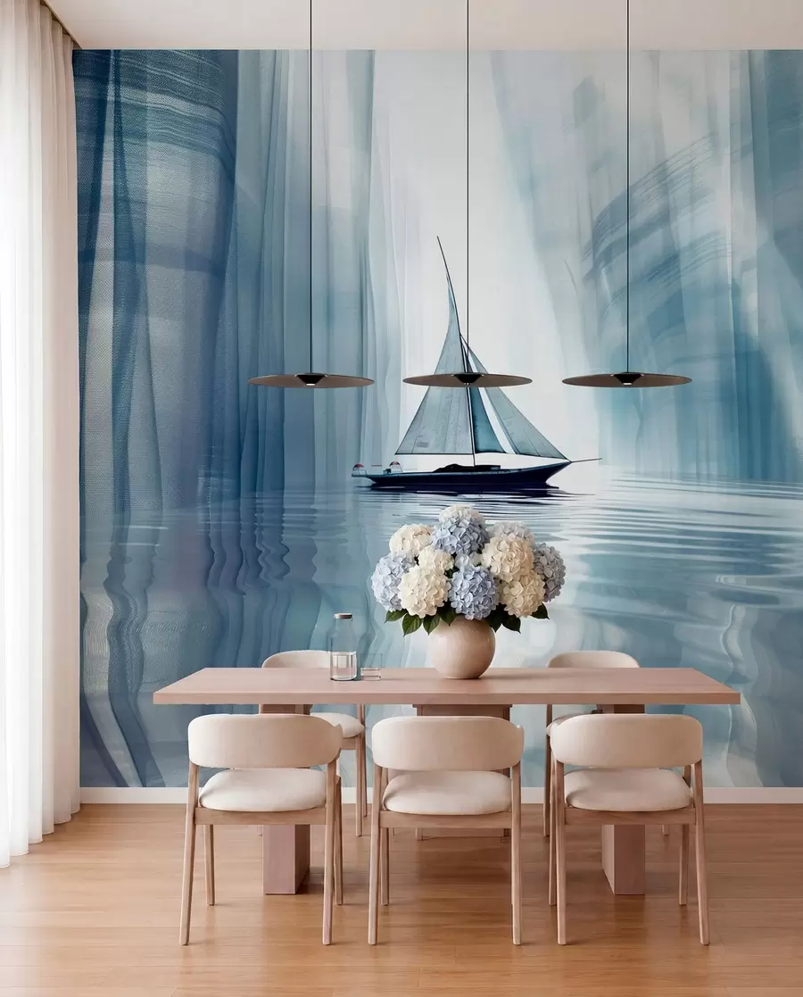 Fotobehang Boot op het water in futuristische stijl met blauwe kleuren w01338