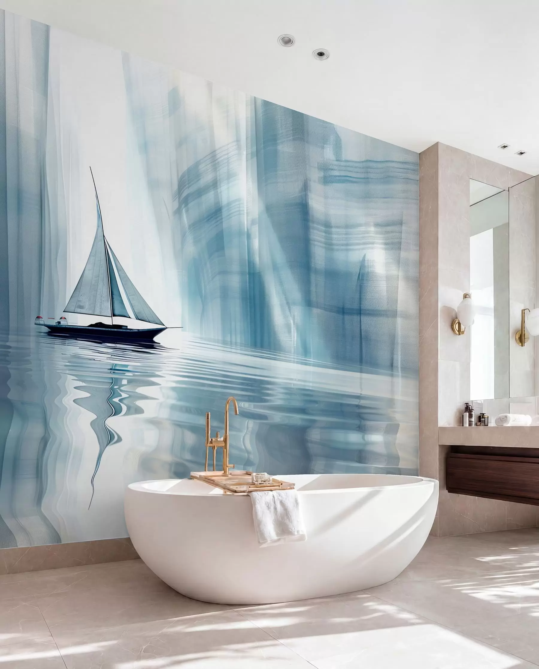 Fotobehang Boot op het water in futuristische stijl met blauwe kleuren w01338