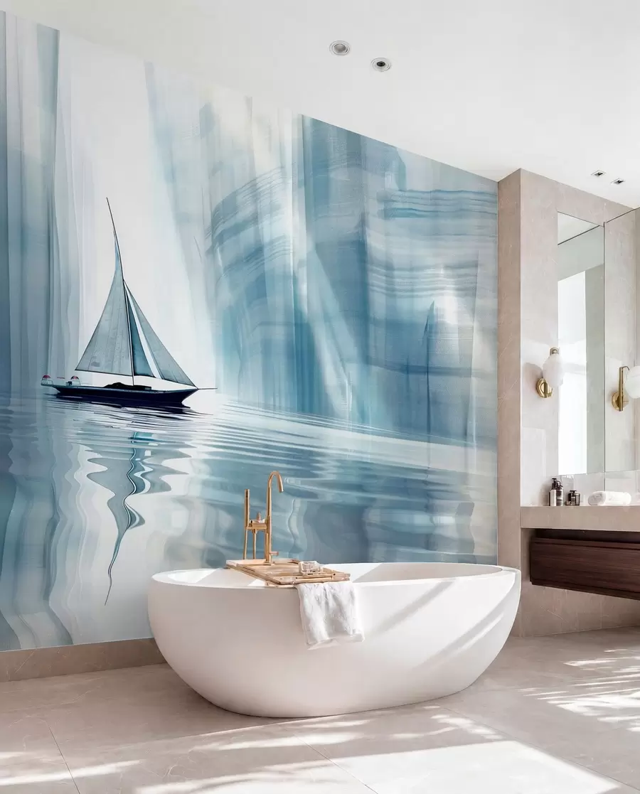 Fotobehang Boot op het water in futuristische stijl met blauwe kleuren w01338