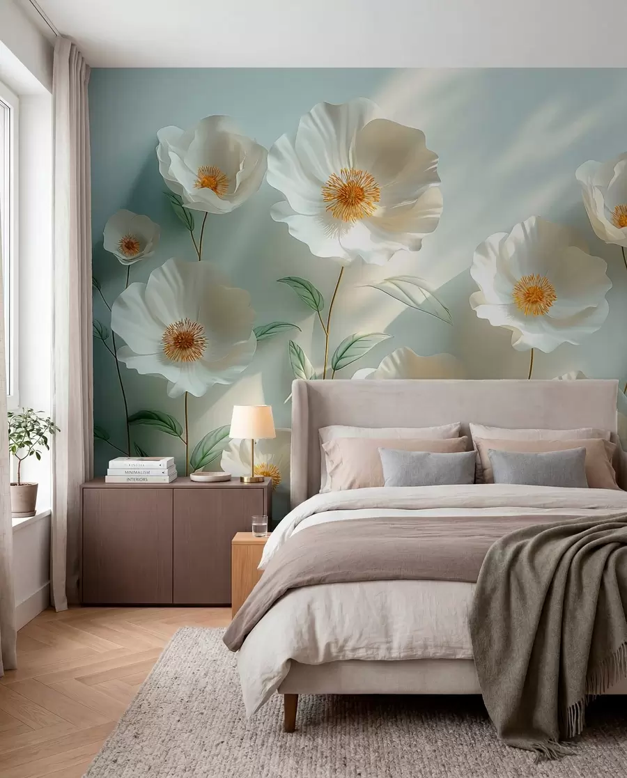 Fotobehang Witte klaprozen tegen een muur met zonlicht en 3D-effect w01339