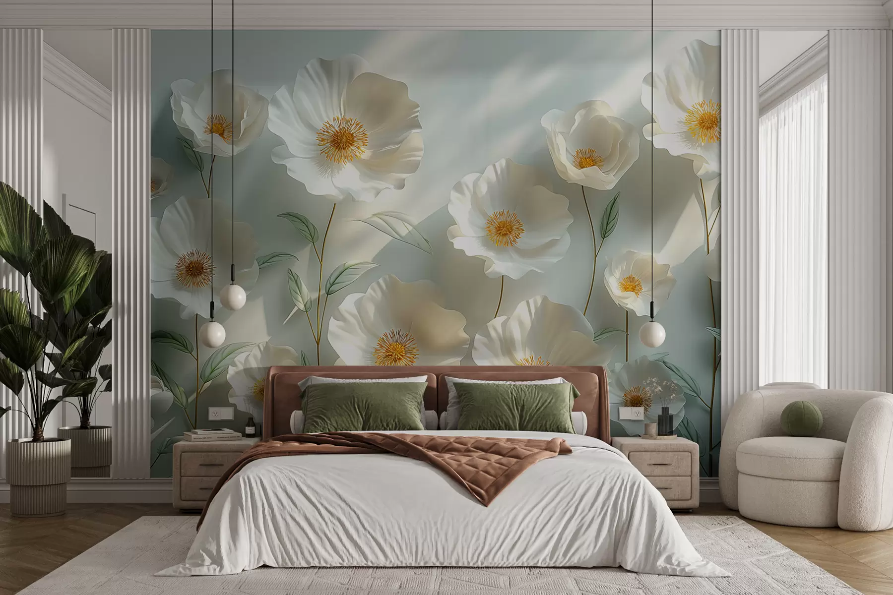 Fotobehang Witte klaprozen tegen een muur met zonlicht en 3D-effect w01339