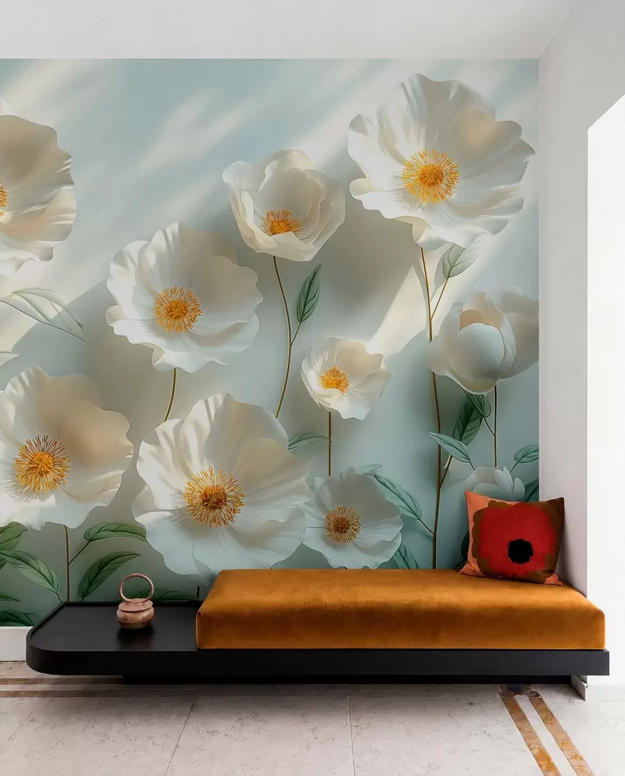 Fotobehang Witte klaprozen tegen een muur met zonlicht en 3D-effect w01339