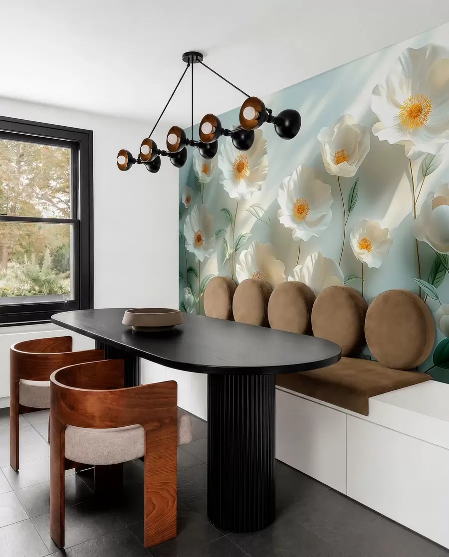 Fotobehang Witte klaprozen tegen een muur met zonlicht en 3D-effect w01339