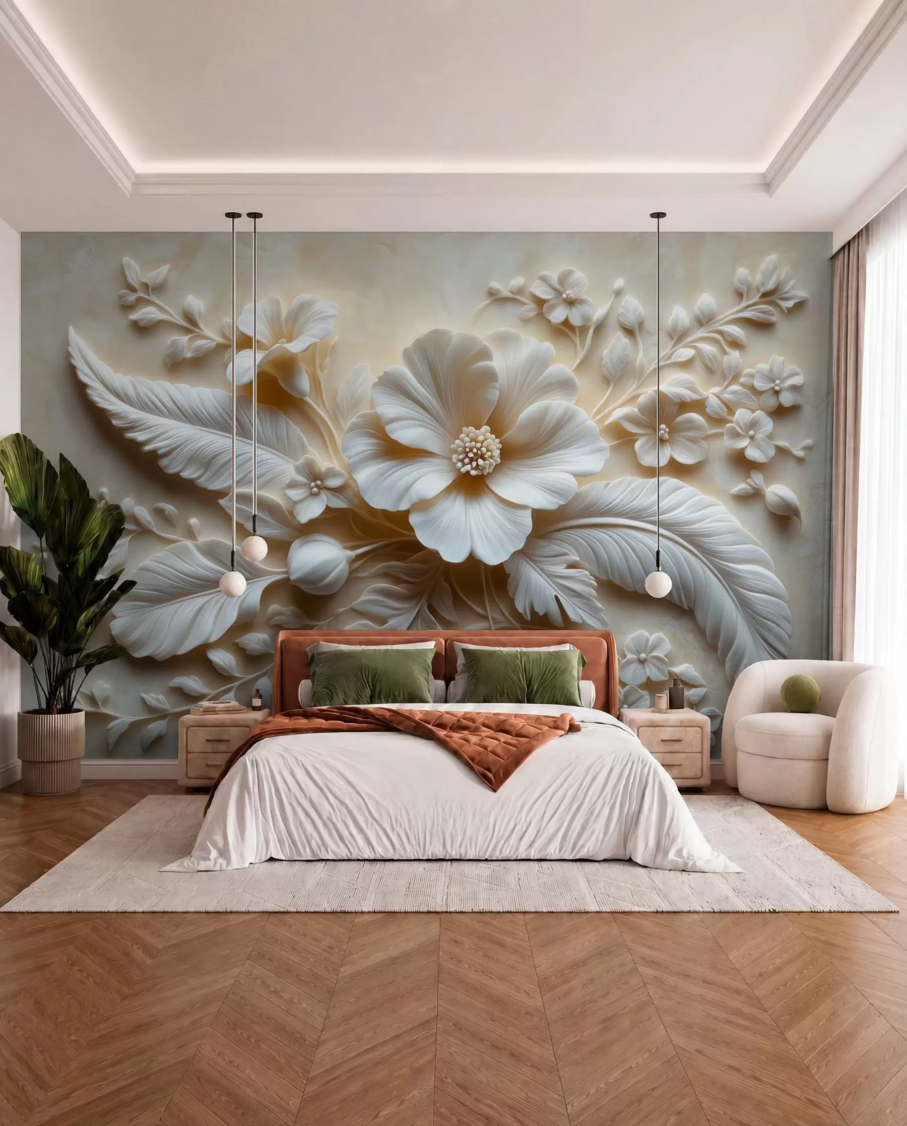 Fotobehang Bloemen en sculpturale veren w01340
