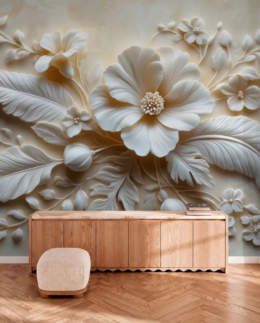 Fotobehang 3D-reliëfmuurkunst met veren en bloemen, met een grote klaproos in beige kleuren w01340