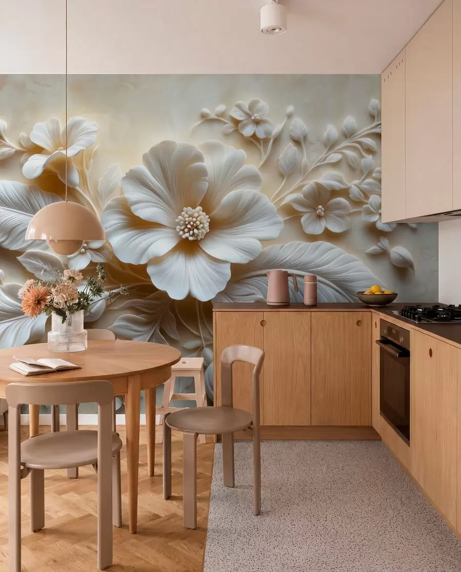Fotobehang 3D-reliëfmuurkunst met veren en bloemen, met een grote klaproos in beige kleuren w01340