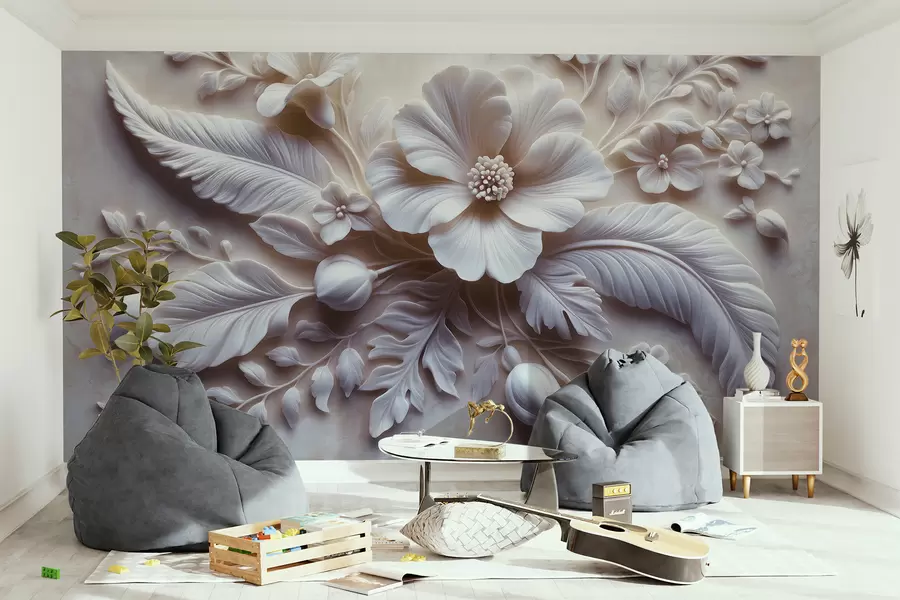 Fotobehang 3D-reliëfmuurkunst met veren en bloemen, met een grote klaproos in lichtroze kleuren w01340v1