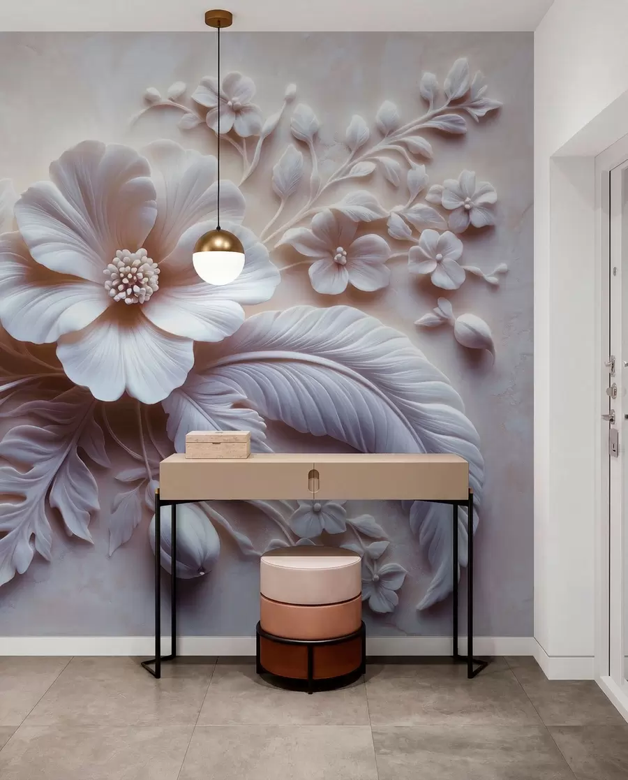 Fotobehang 3D-reliëfmuurkunst met veren en bloemen, met een grote klaproos in lichtroze kleuren w01340v1