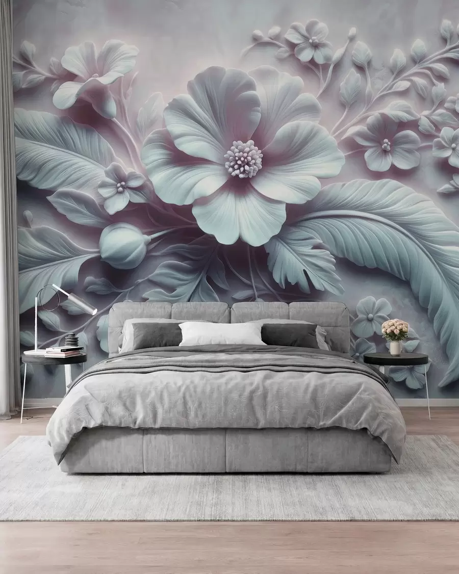 Fotobehang 3D reliëf wandkunst met veren en bloemen, met een grote klaproos in lichtblauwe kleuren w01340v2