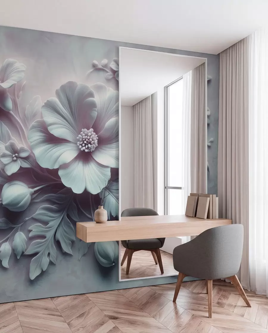 Fotobehang 3D reliëf wandkunst met veren en bloemen, met een grote klaproos in lichtblauwe kleuren w01340v2