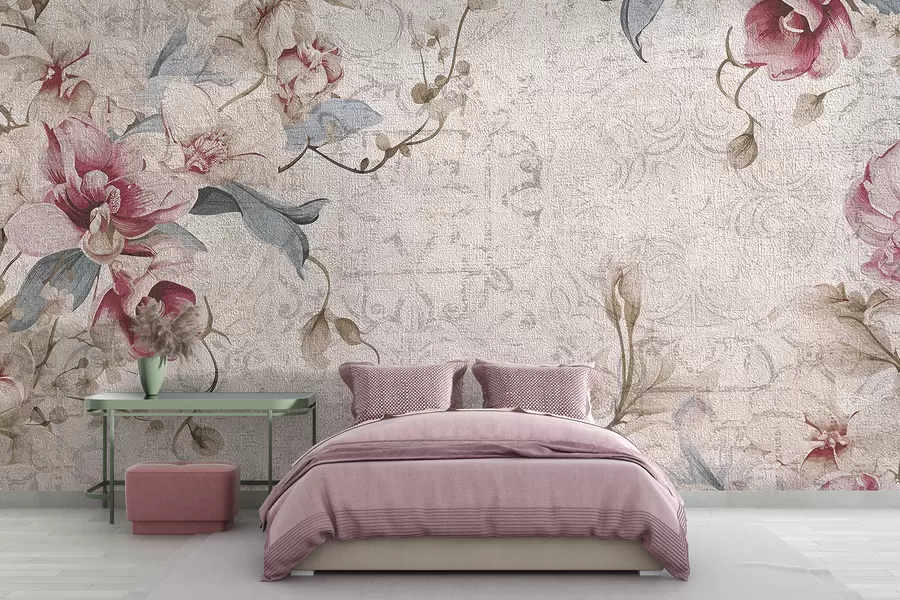Fotobehang Een vintage bloemenpatroon met delicate roze en witte bloemen, bladeren op een lichtbeige achtergrond w08149