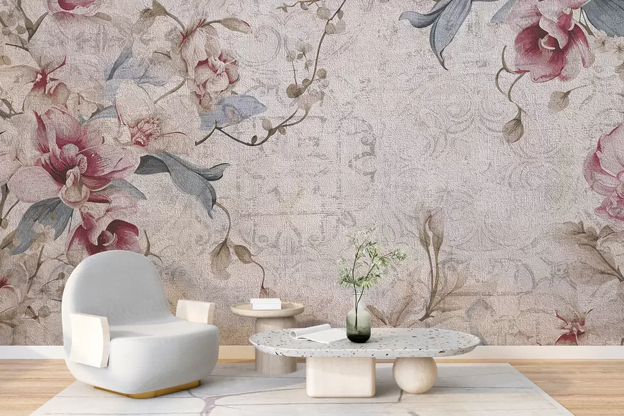 Fotobehang Een vintage bloemenpatroon met delicate roze en witte bloemen, bladeren op een lichtbeige achtergrond w08149