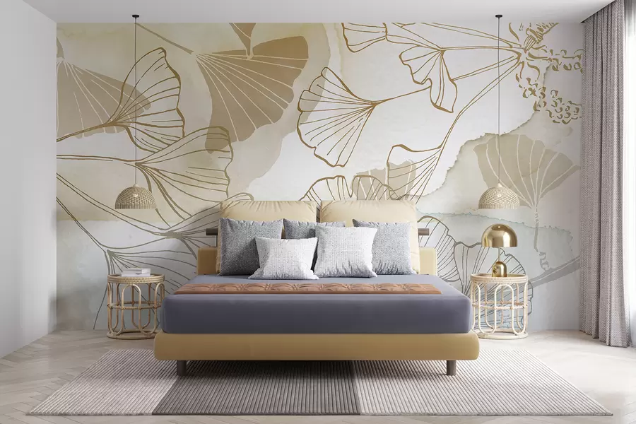 Fotobehang Een patroon van delicate ginkgobladeren in tinten beige, bruin en blauw tegen een lichte achtergrond w08157
