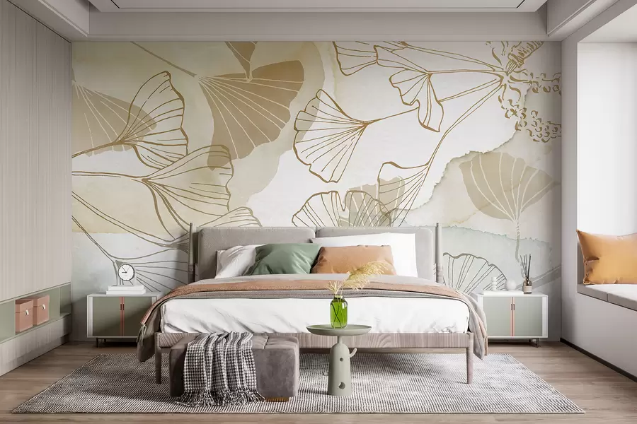 Fotobehang Een patroon van delicate ginkgobladeren in tinten beige, bruin en blauw tegen een lichte achtergrond w08157