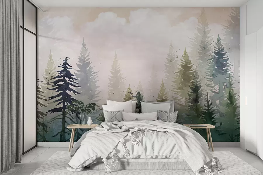 Fotobehang Bos van hoge, groenblijvende pijnbomen in een mistige omgeving en gevuld met zachte, wazige wolkenlandschap w08160