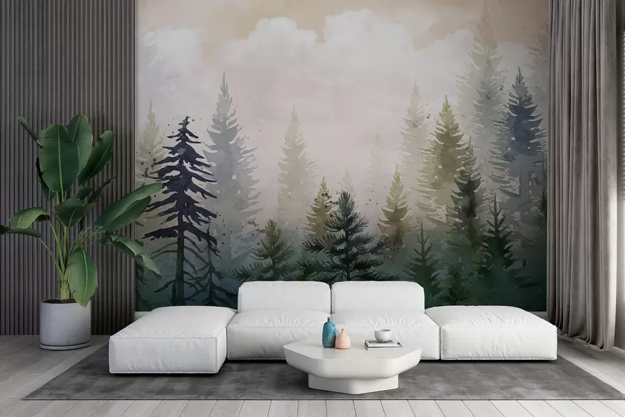 Fotobehang Bos van hoge, groenblijvende pijnbomen in een mistige omgeving en gevuld met zachte, wazige wolkenlandschap w08160