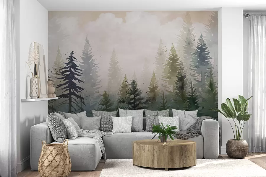 Fotobehang Bos van hoge, groenblijvende pijnbomen in een mistige omgeving en gevuld met zachte, wazige wolkenlandschap w08160