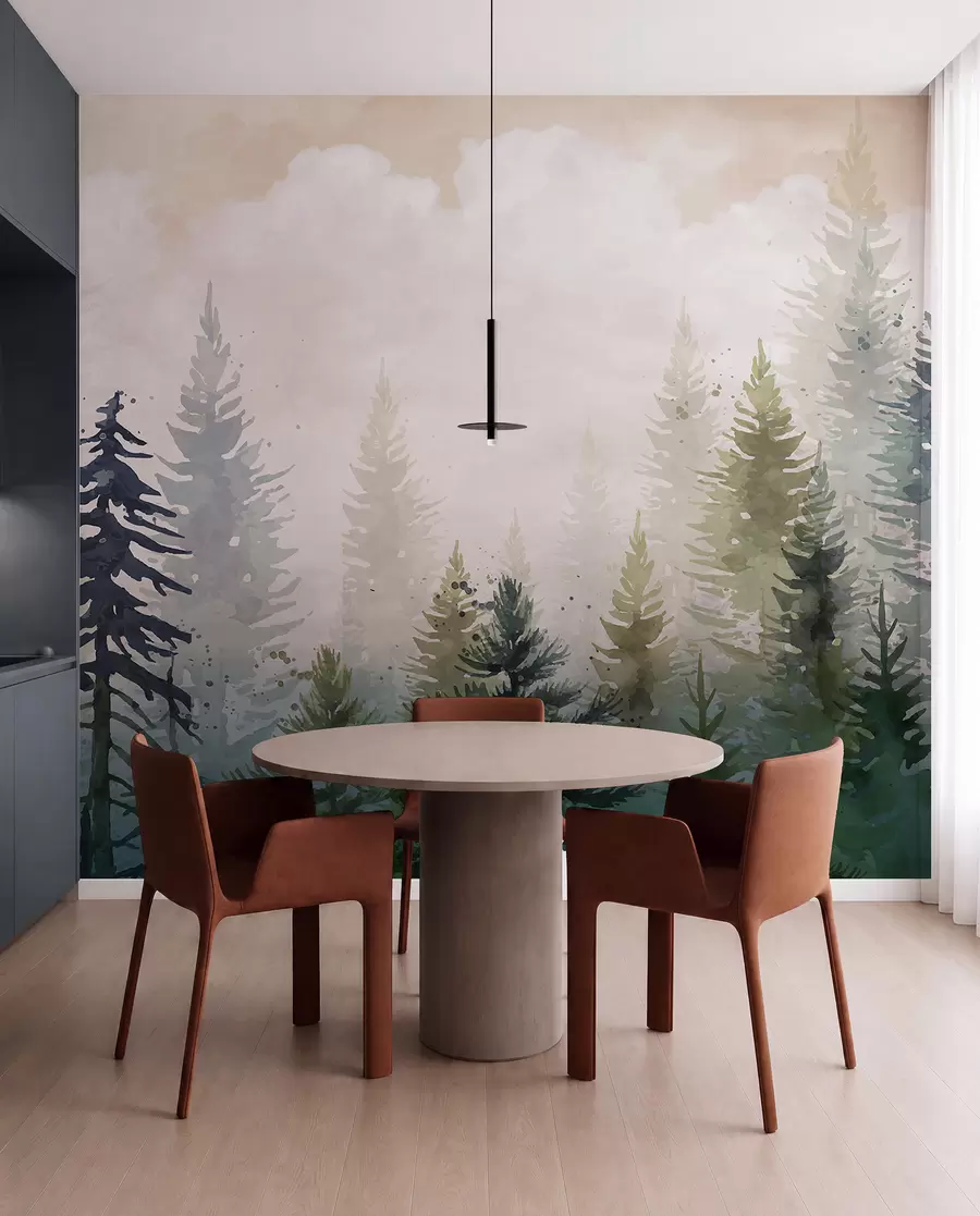 Fotobehang Bos van hoge, groenblijvende pijnbomen in een mistige omgeving en gevuld met zachte, wazige wolkenlandschap w08160