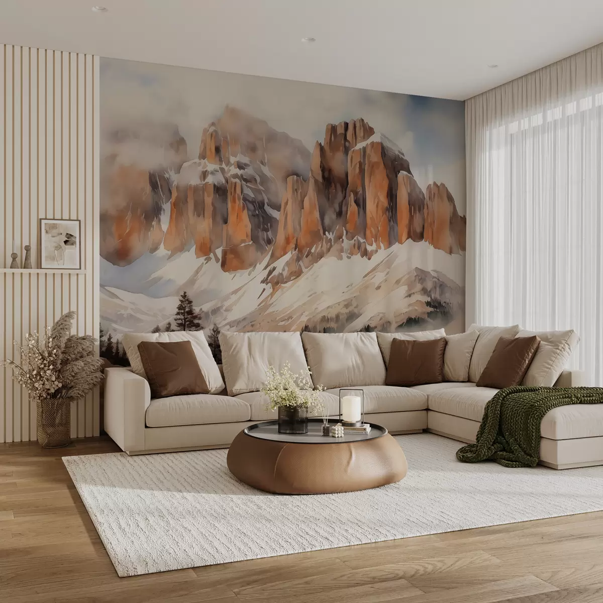 Fotobehang Besneeuwde vallei aan de voet van de Dolomieten berg aquarel w00945