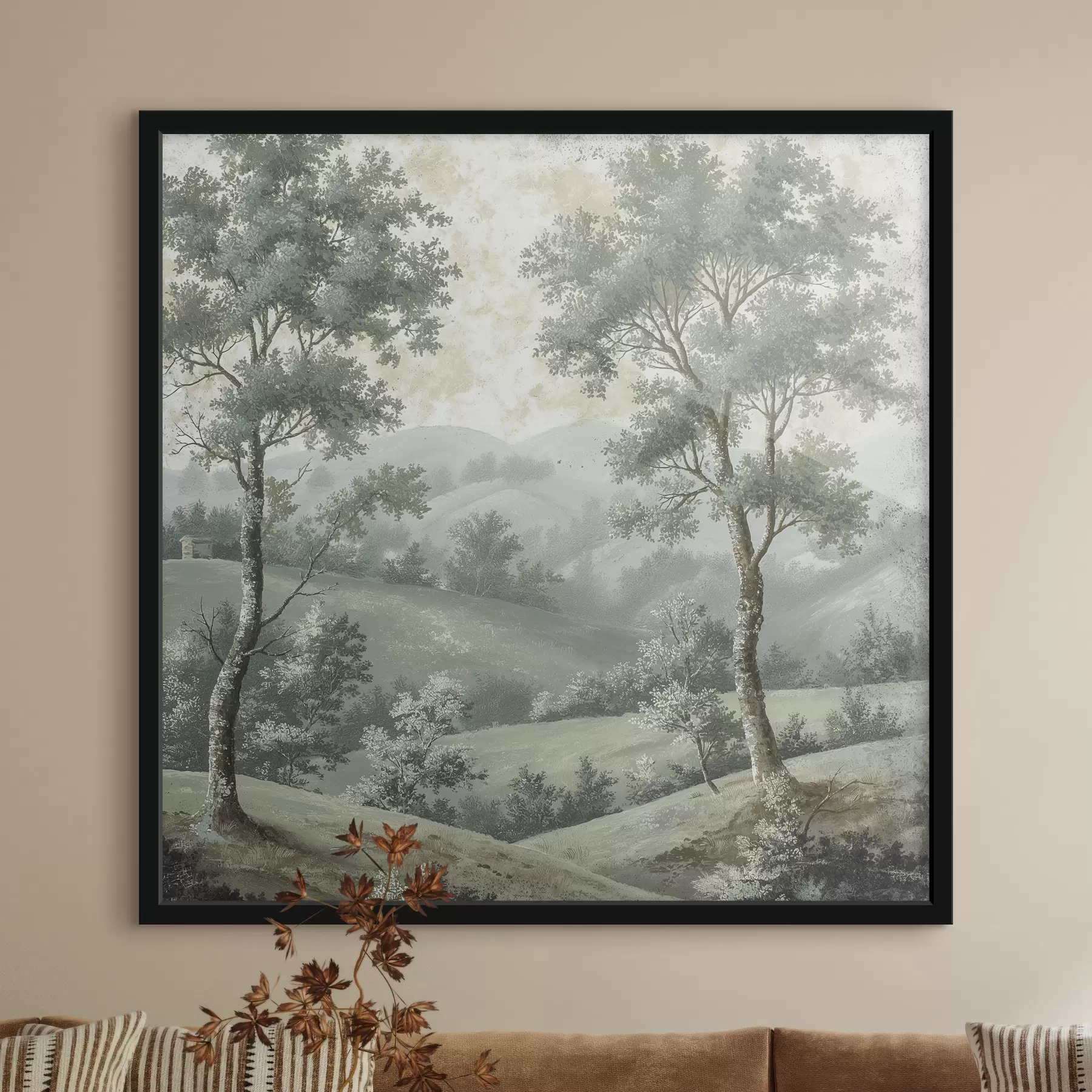  Schilderijen Vintage landschap, rustieke stijl, pastelkleuren, weide met bomen, boho f40085