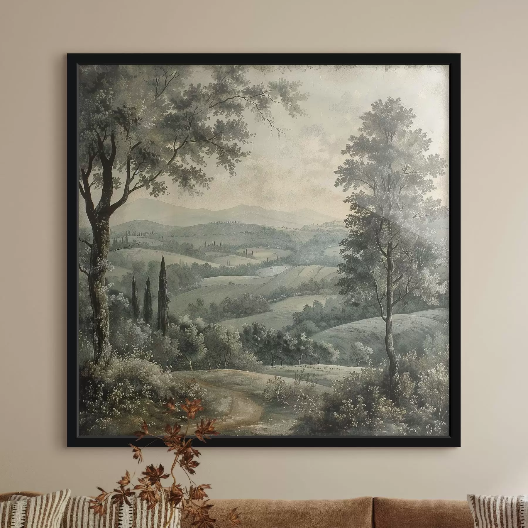  Schilderijen Italiaans vintage landschap, rustieke stijl, pastelkleuren, heuvels met bomen, boho f40086