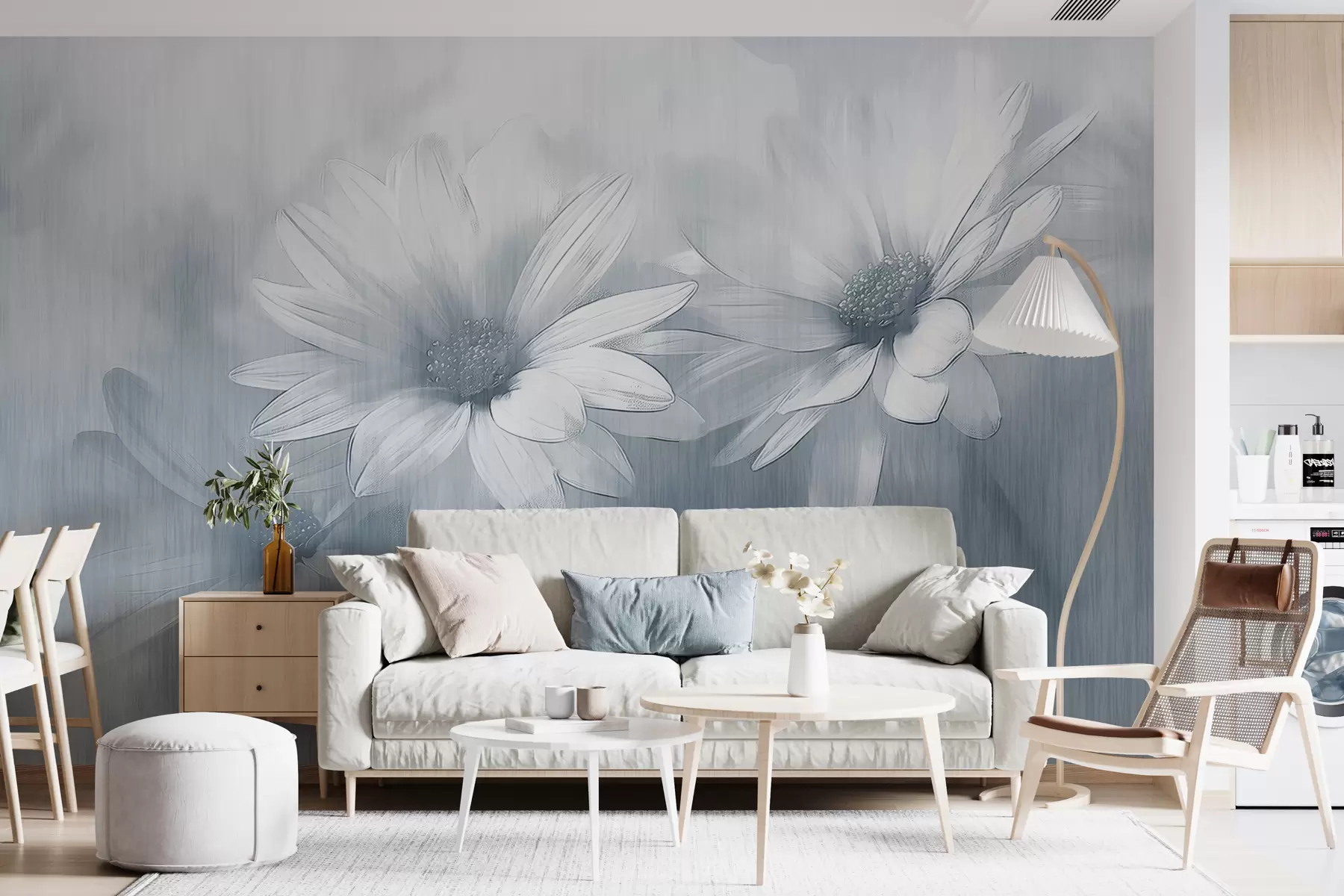 Fotobehang grote bloemen op een getextureerde muur in blauwe kleur w01374v1