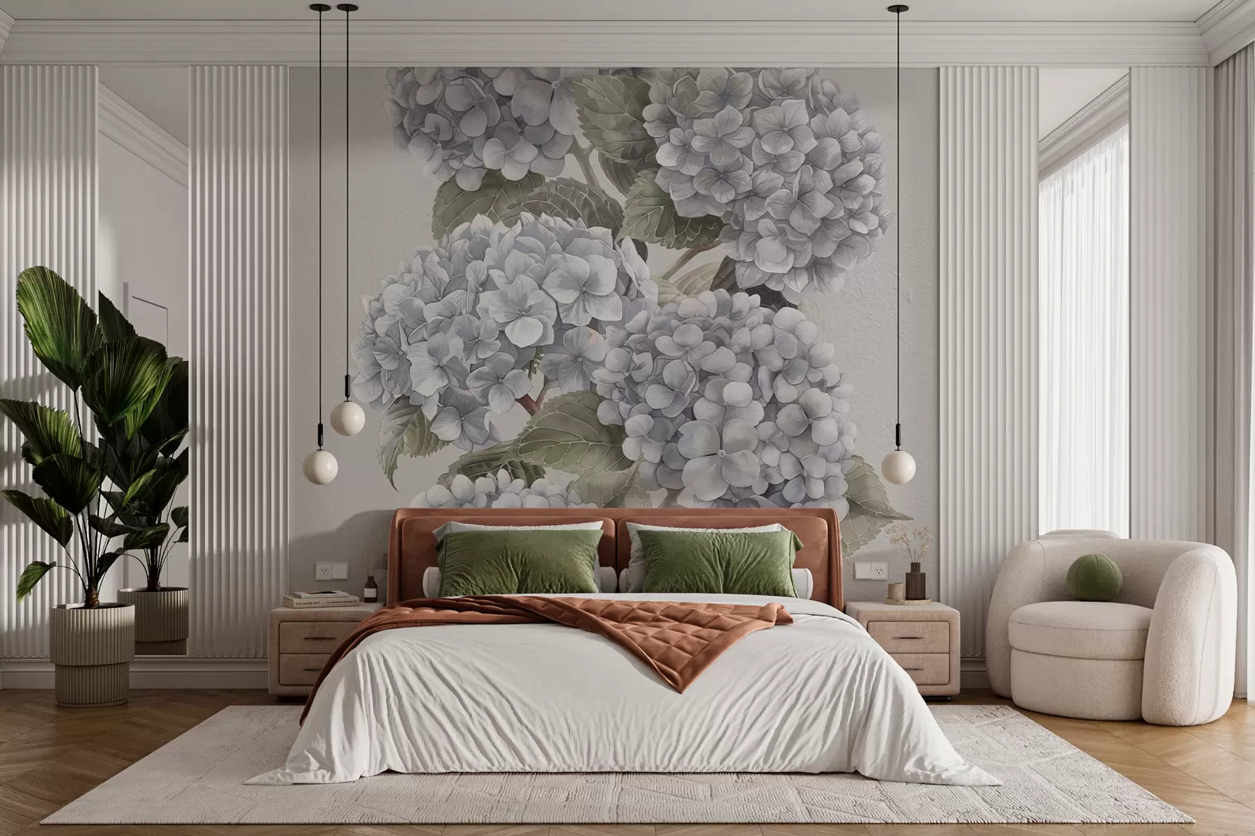 Fotobehang Hortensia takken in zachte pastelkleuren w08176