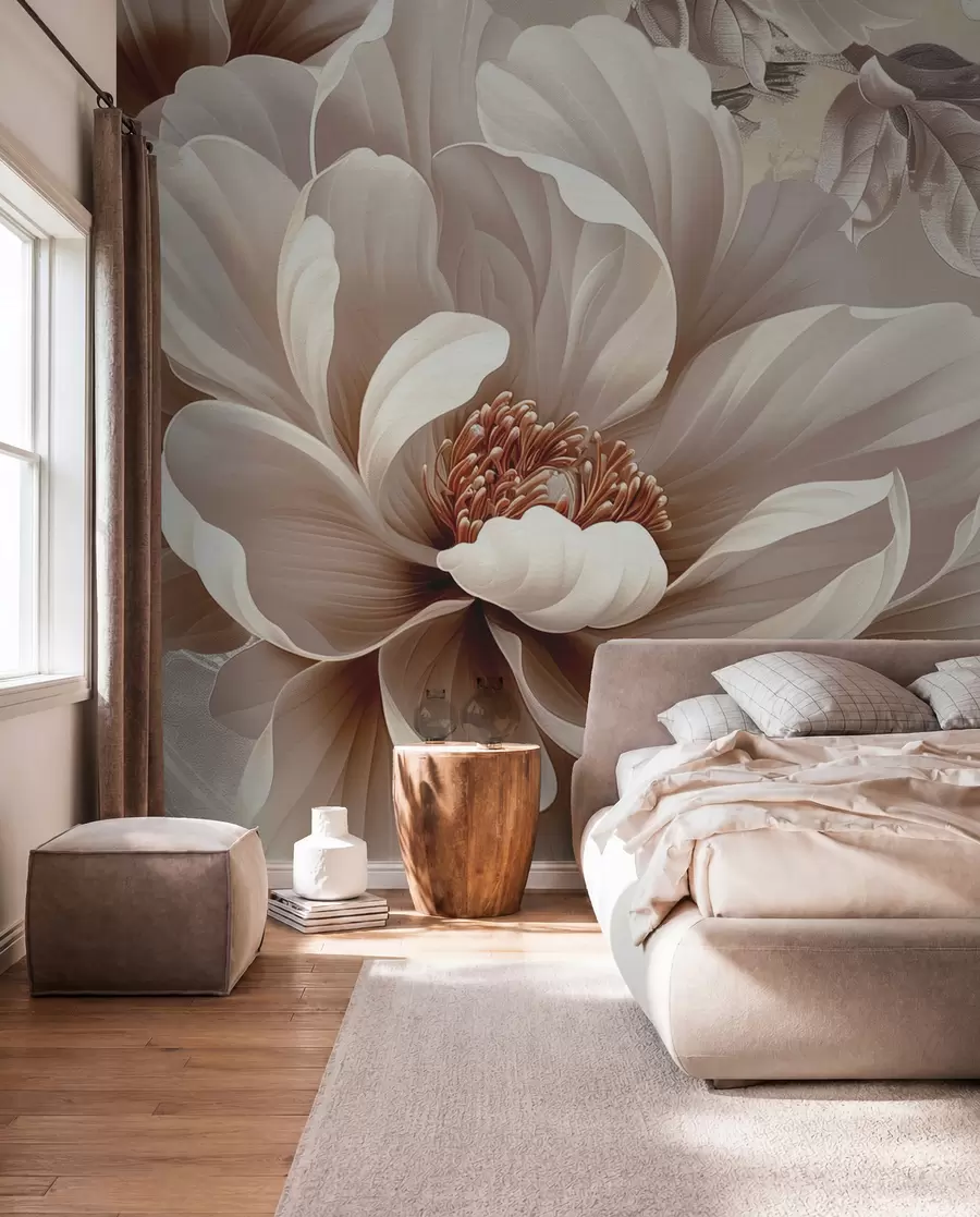 Fotobehang Grote roze bloem op een grunge muur w08181