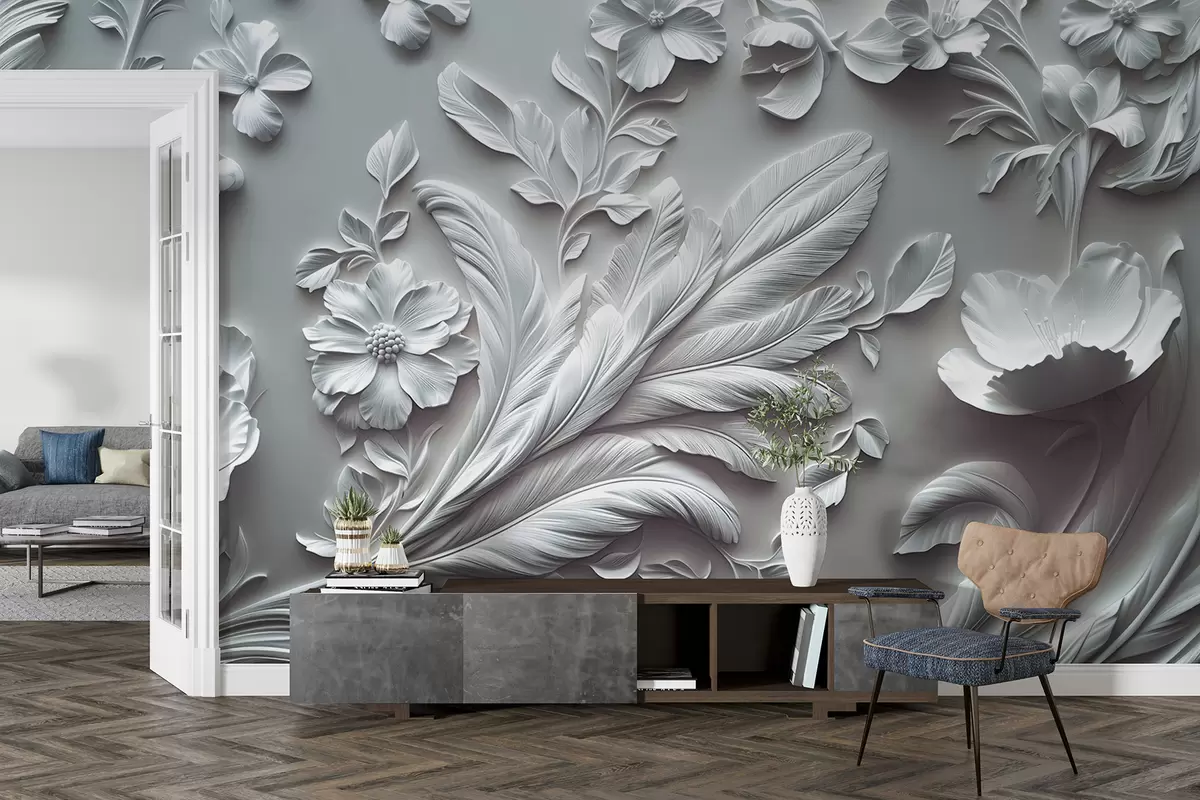 Fotobehang Prachtige verhoogde bloemen en bladeren in grijstinten w01356v2