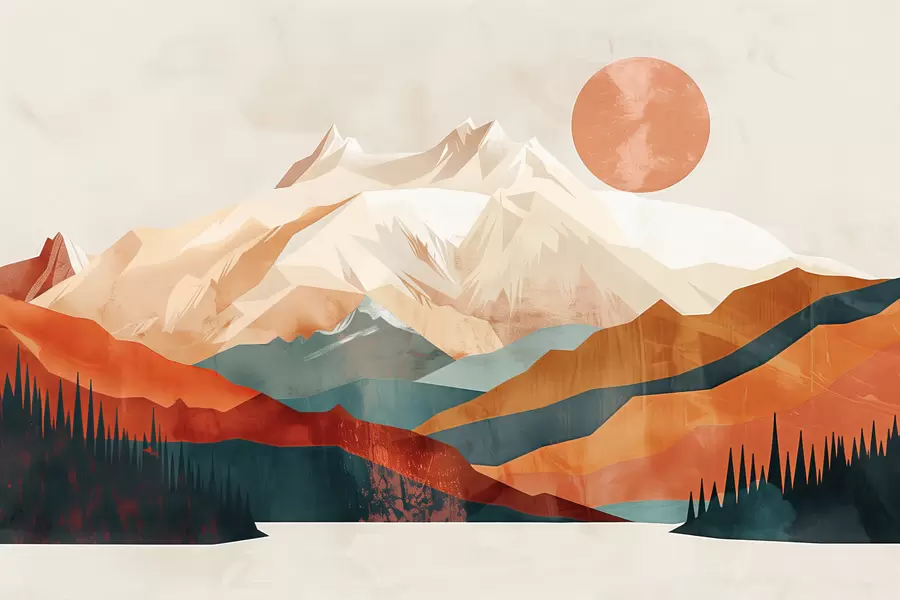 Fotobehang Boho-gelukzaligheid: een sereen landschap van bergen, bomen en zon w01358