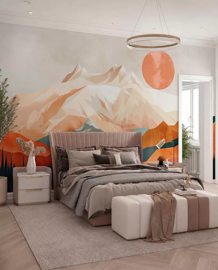 Fotobehang Boho-gelukzaligheid: een sereen landschap van bergen, bomen en zon w01358