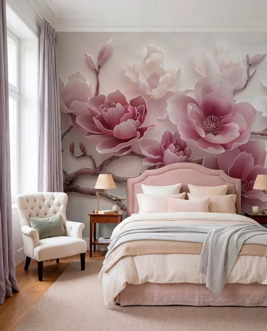 Fotobehang Roze reliëf magnolia bloemen op een sierlijke tak w01359v2