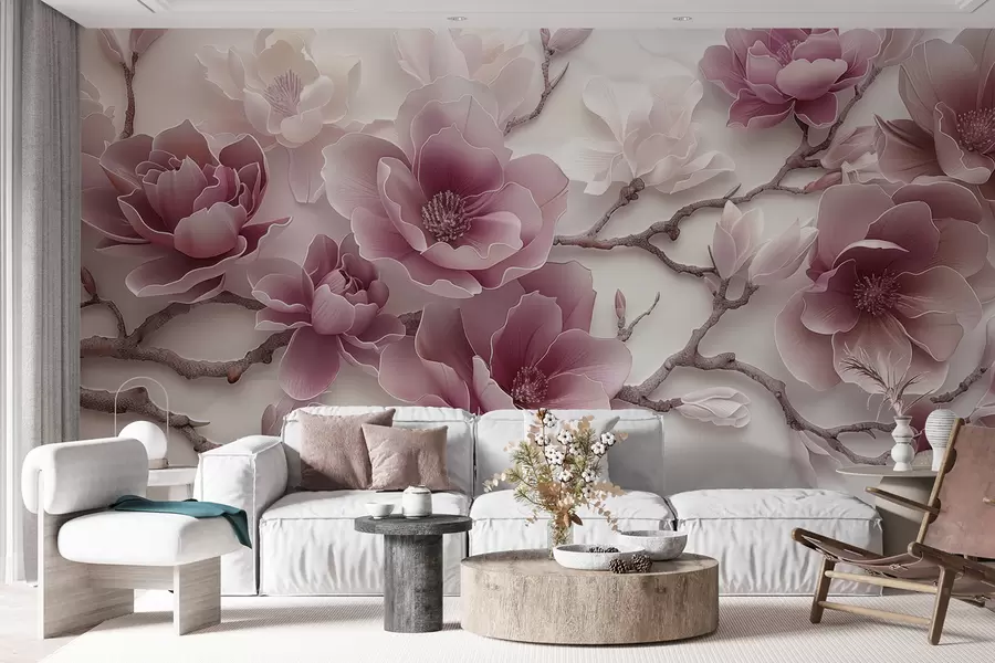 Fotobehang Roze reliëf magnolia bloemen op een sierlijke tak w01359v2