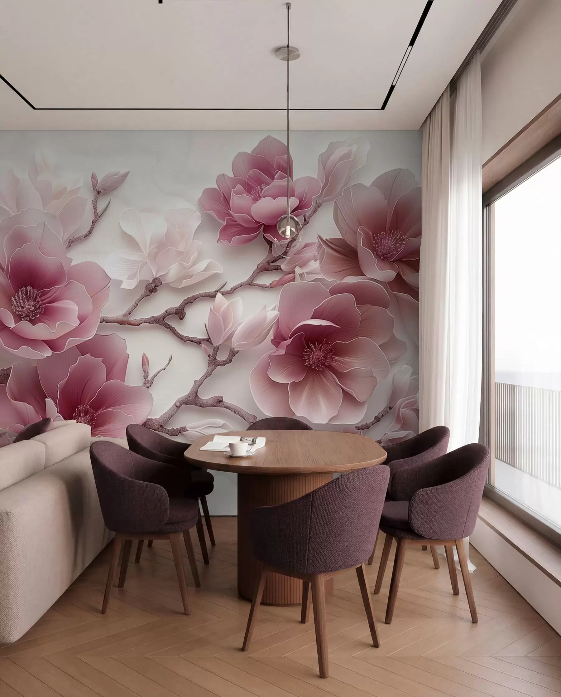 Fotobehang Roze reliëf magnolia bloemen op een sierlijke tak w01359v2