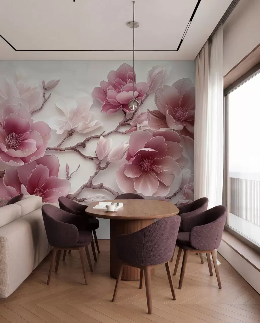 Fotobehang Roze reliëf magnolia bloemen op een sierlijke tak w01359v2