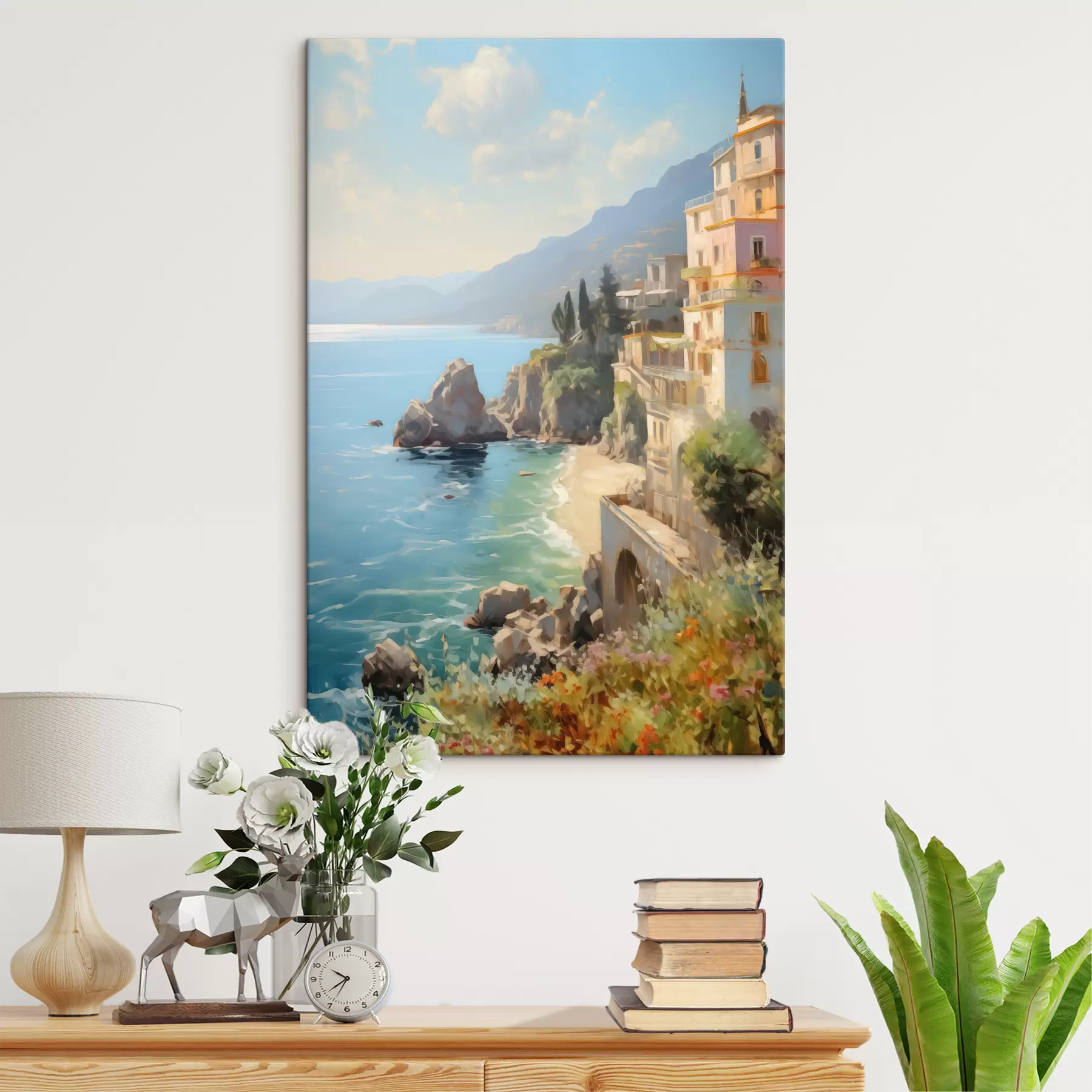 Fotobehang Uitzicht op de zeebaai, bergen in Italië vanuit het hotel imitatie van olieverfschilderij s40088
