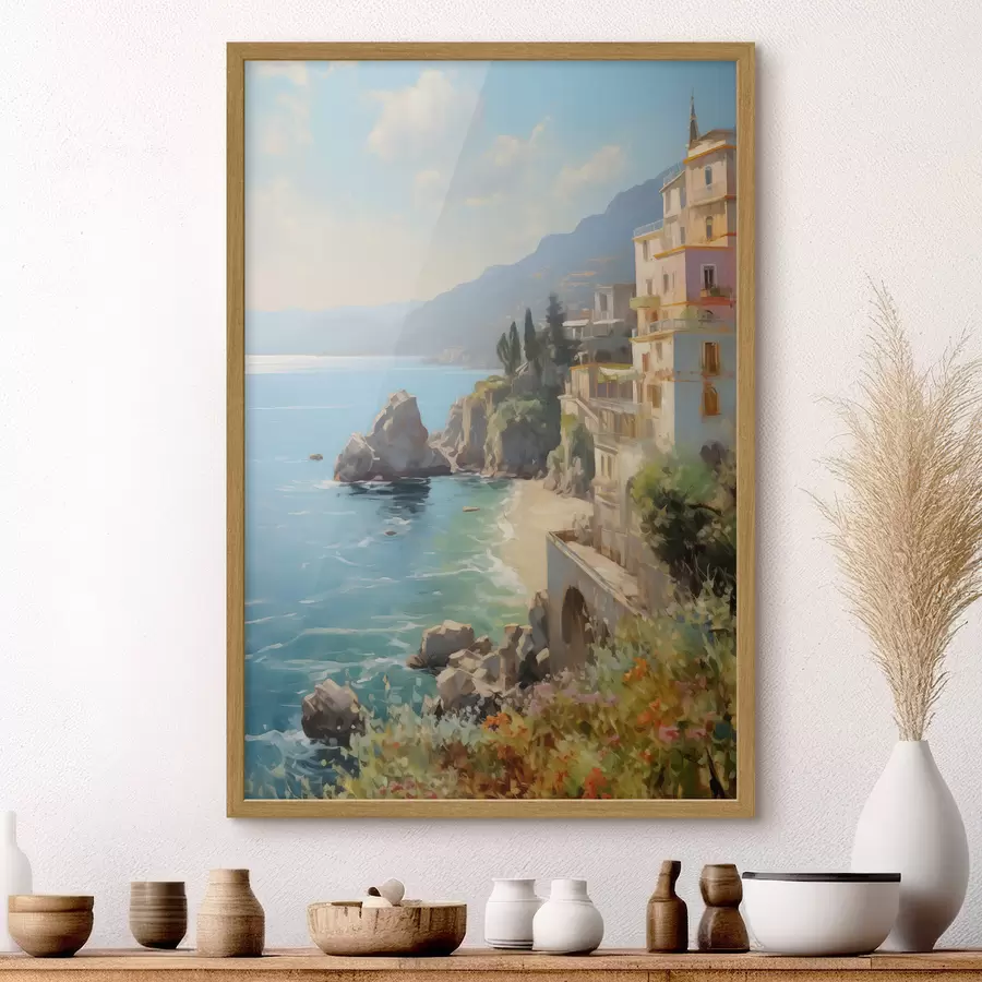 Fotobehang Uitzicht op de zeebaai, bergen in Italië vanuit het hotel imitatie van olieverfschilderij f40088