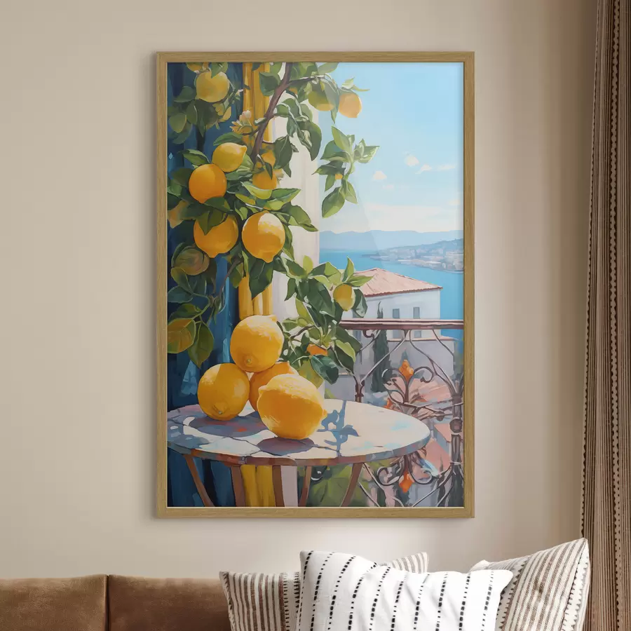Fotobehang Citroenen op boom en tafel op hotelbalkon met uitzicht op zee imitatie olieverfschilderij f40091