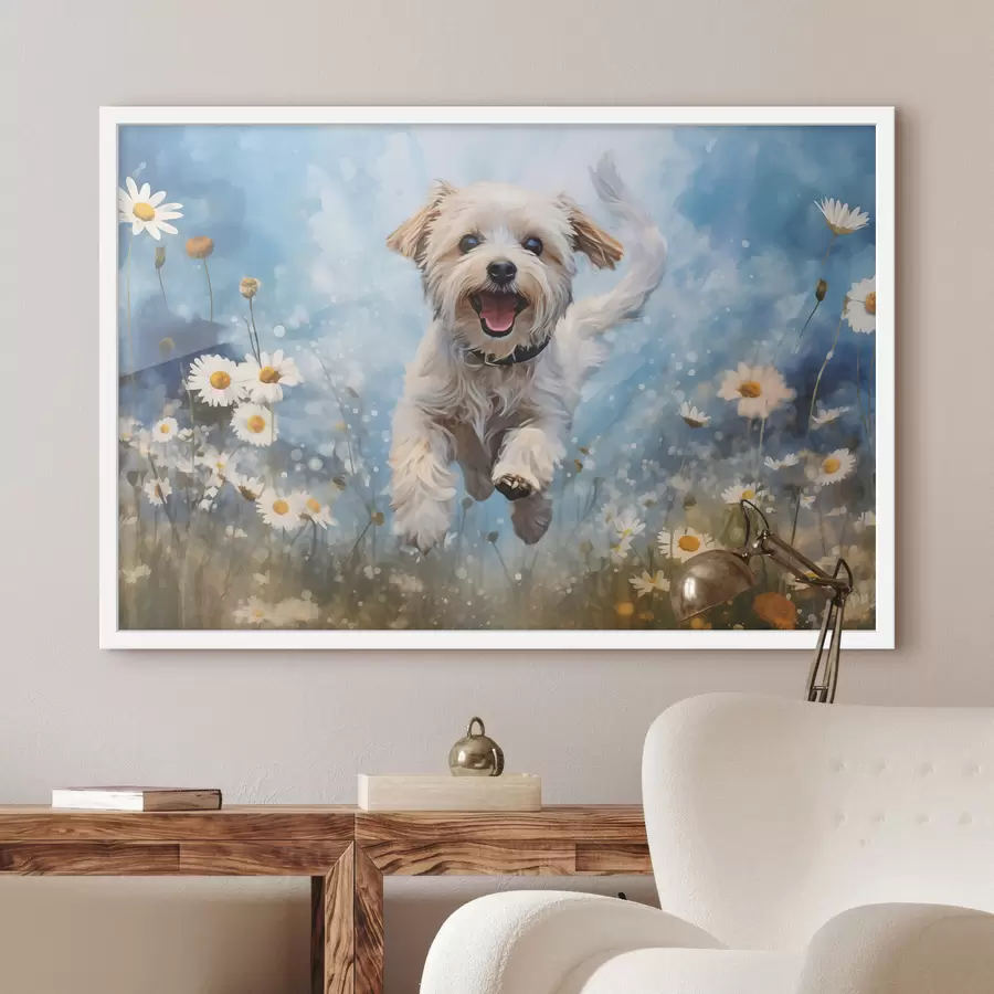 Fotobehang Klein wit hondje springt tussen madeliefjes op een blauwe achtergrond aquarel f40092