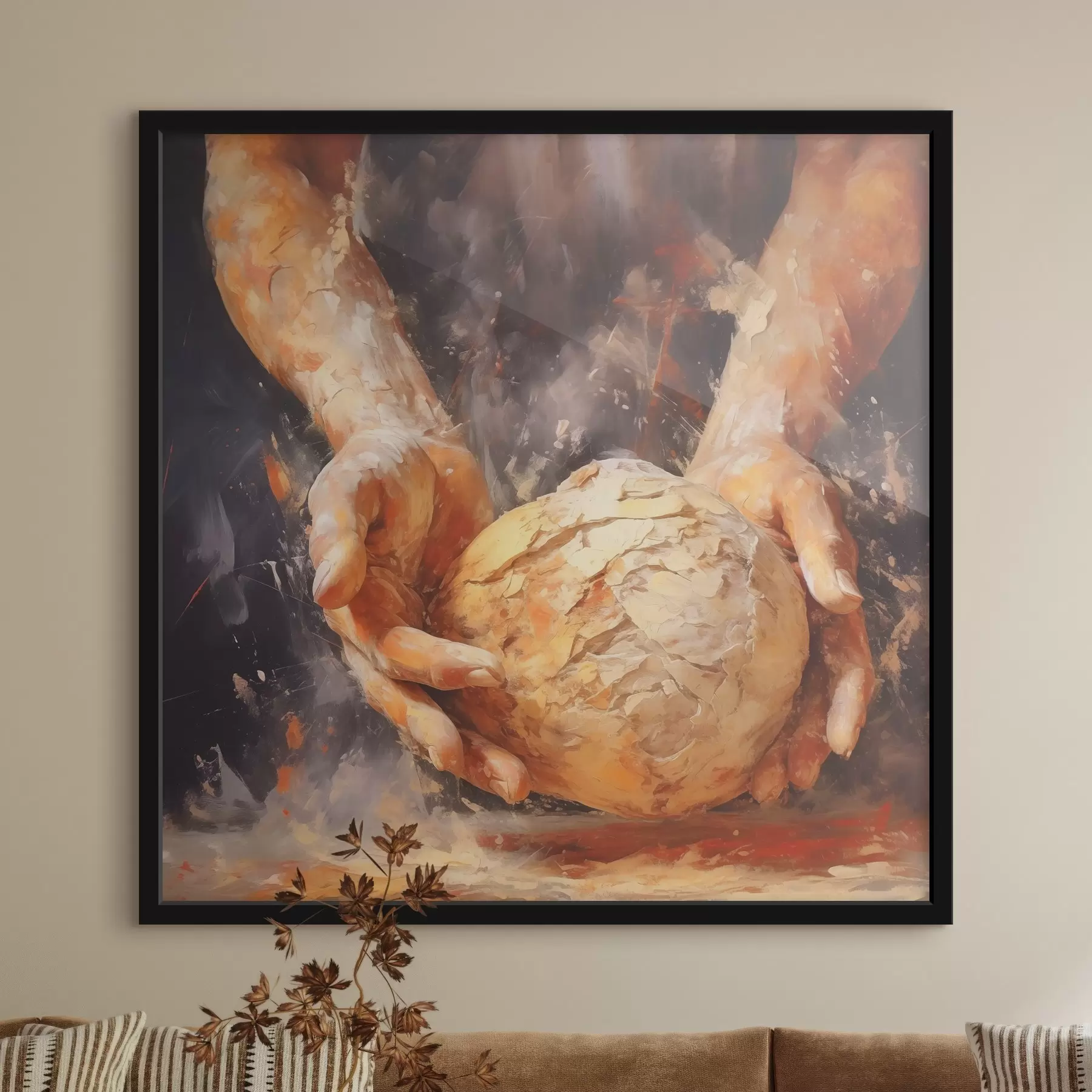 Fotobehang Handen van de bakker die het deeg vasthouden, imitatie van een olieverfschilderij f40095