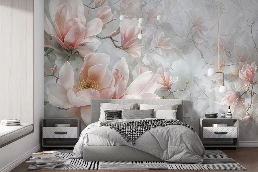 Fotobehang Delicate roze magnolia bloemen bloeien op een zachte, wazige bloemige grijze achtergrond w08192