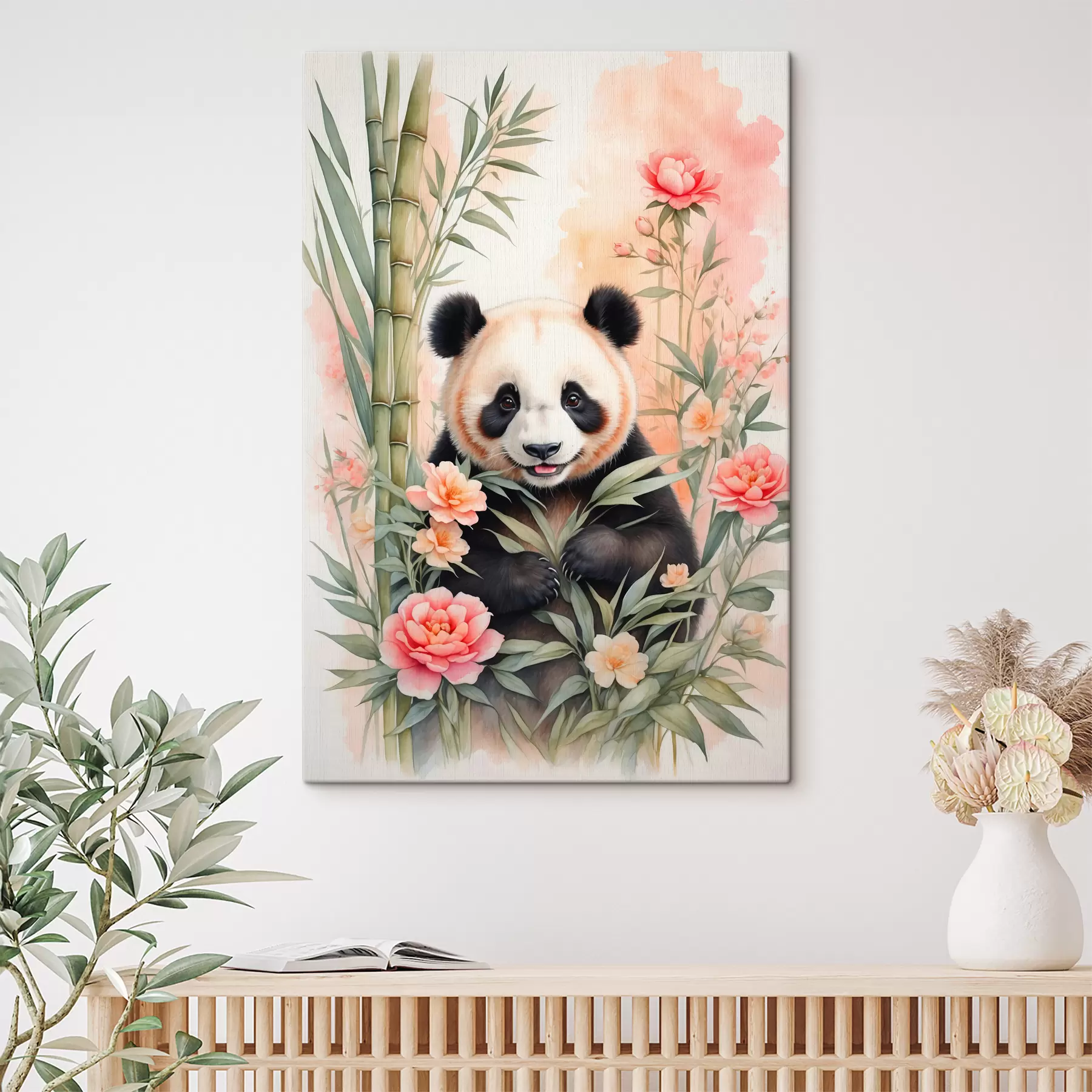 Fotobehang Panda met bloemen en bamboe s40125