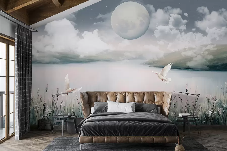 Fotobehang Prachtig landschap met meer, bloemenweide, maan op de nachtelijke sterrenhemel, vliegende vogels, wolken w01389