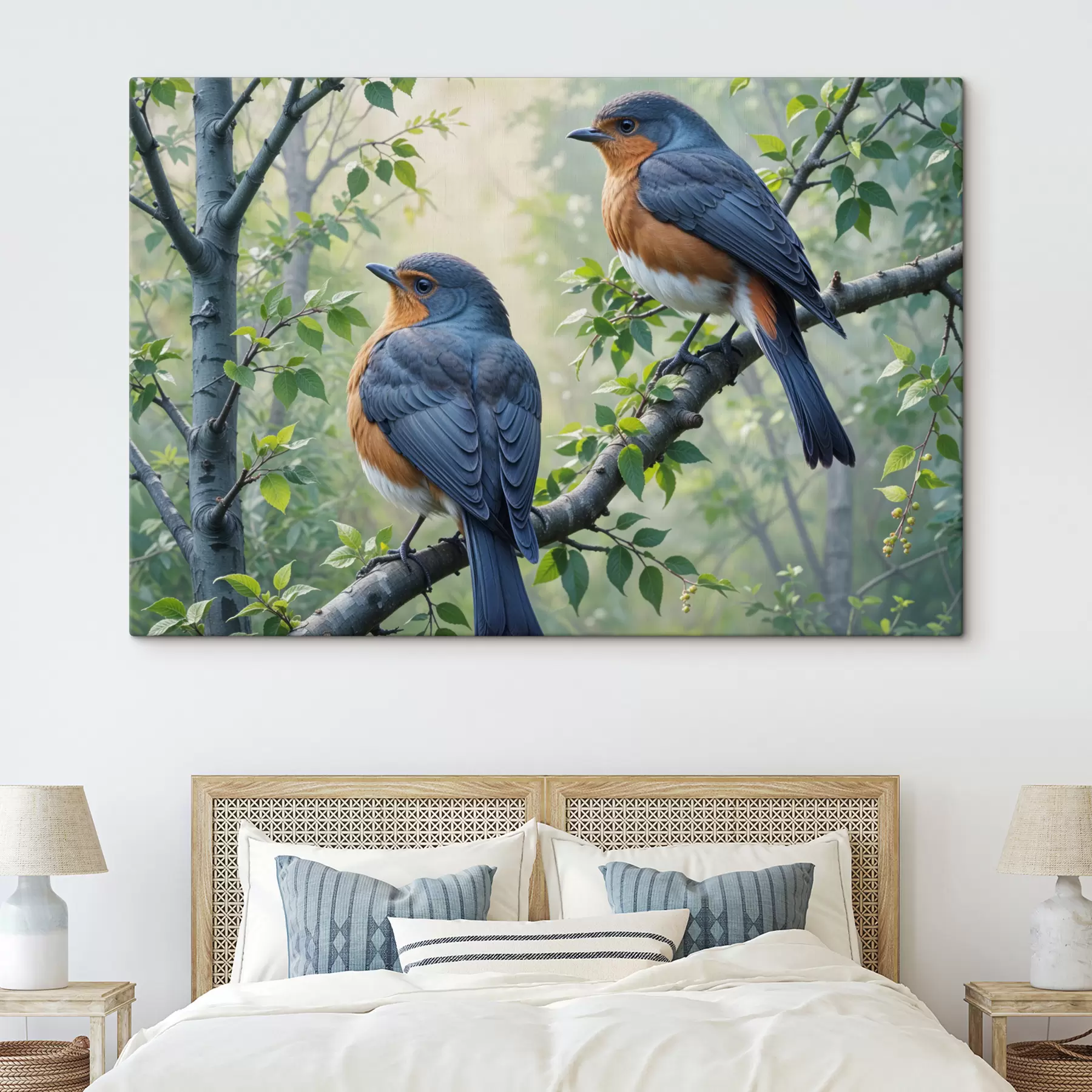 Fotobehang Twee blauwe en oranje vogels zitten op een boomtak met groene bladeren op de achtergrond s40156